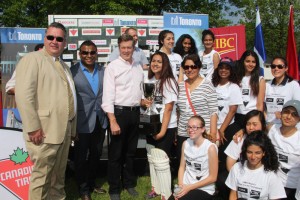 Tony Velaidum Canadian Tire Vice President Operational Finance and CIBC General Manager Keith Adamson joining Mayor John Tory  at the Mayor's School Cricket GTA Final (5)